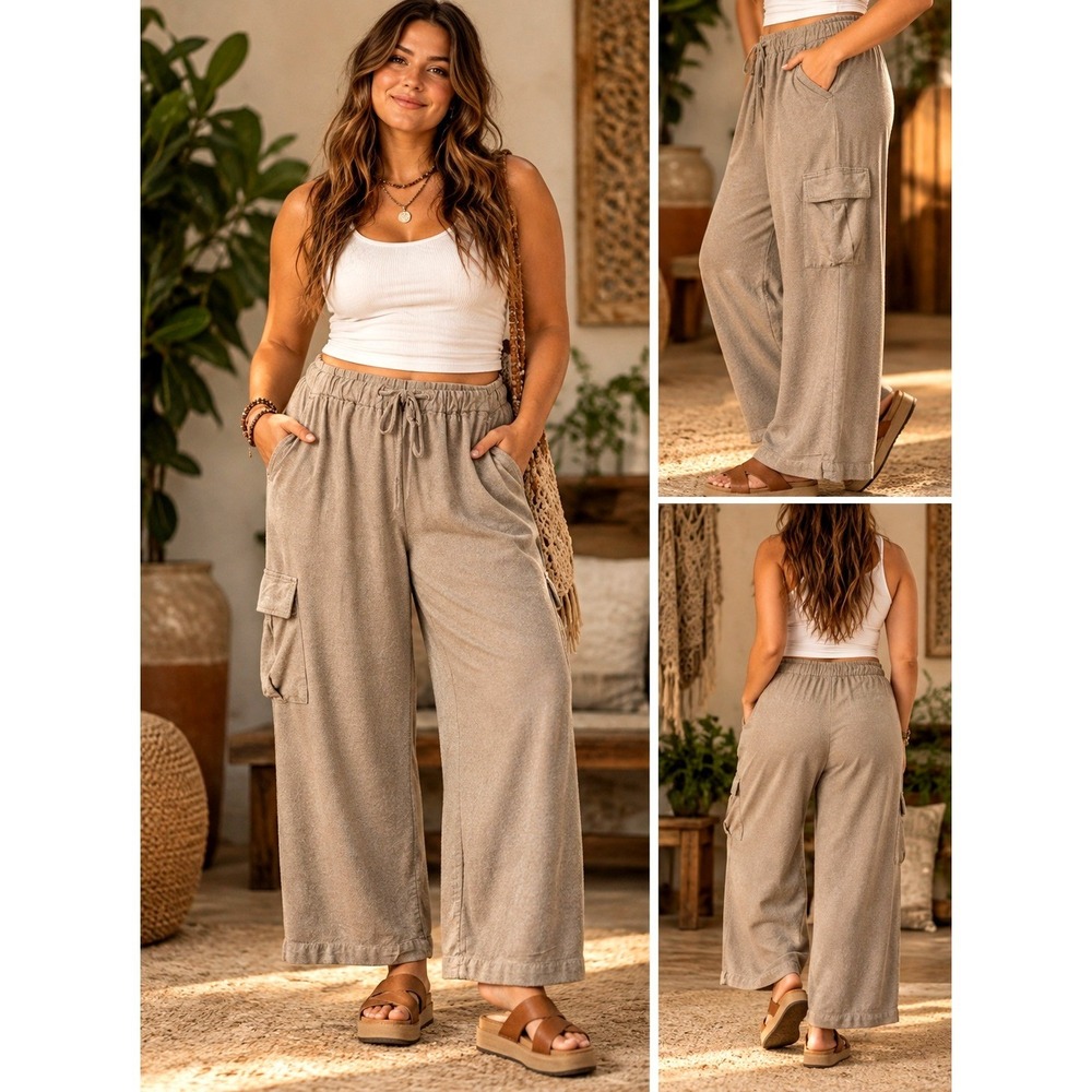 Zac & Rachel Cargo Pants Large Tan Linen Blend Wide Leg Drawstring Cropped #1537